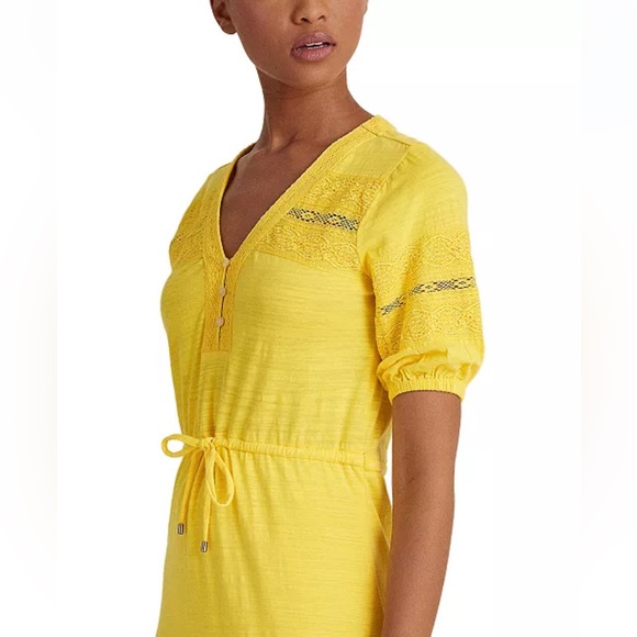 Ralph Lauren Yellow Puff Sleeve V-Neck Dress Sz M - Picture 3 of 14